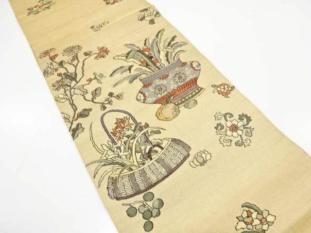 JAPANESE KIMONO / ANTIQUE FUKURO OBI / SILK / WOVEN FRUITS